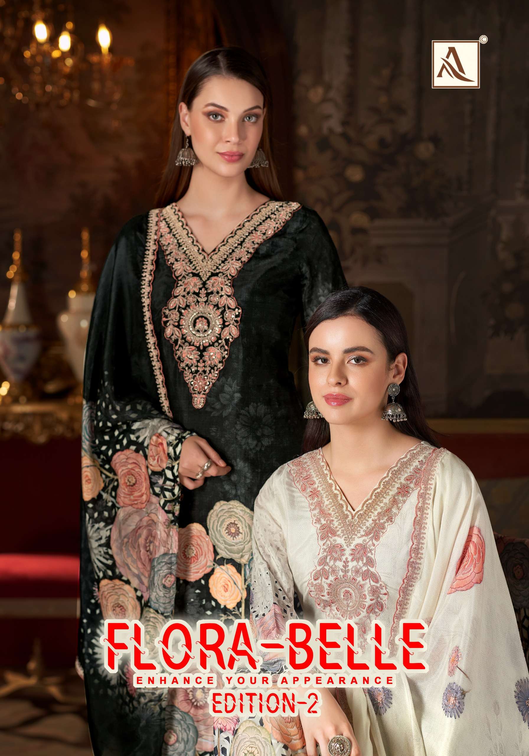 ALOK SUIT FLORA BELLE VOL 2 MASLIN DIGITAL NECK & DAMAN DRESS CATALOGUE SUPPLIER